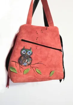 Rucsac din piele naturala rosie cu bufnita pictata imagine