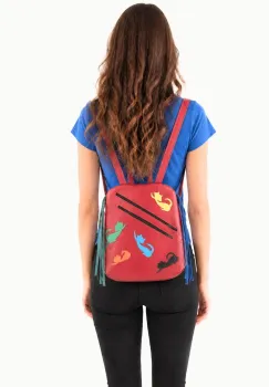 Rucsac din piele naturala rosie,cu pisicute colorate, unicat imagine