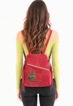 Rucsac handmade bordeaux din piele naturala intoarsa ,cu bufnita pictata imagine