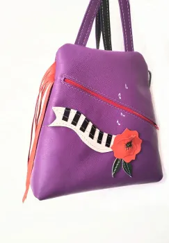 Rucsac mov din piele naturala ,cu pian si trandafir corai , unicat imagine