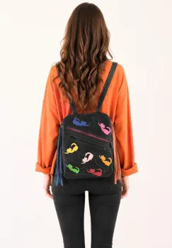 Rucsac negru din piele naturala ,cu pisicute colorate, unicat imagine