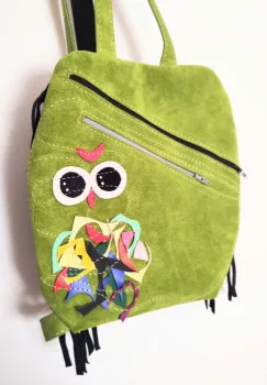 Rucsac olive din piele naturala cu bufnita , unicat imagine