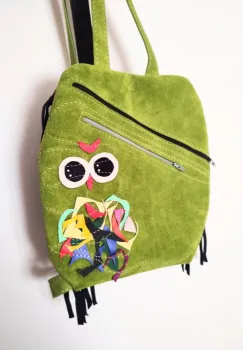 Rucsac olive din piele naturala cu bufnita , unicat imagine