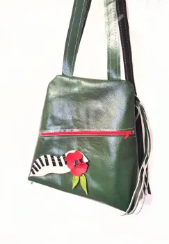 Rucsac verde smarald din piele naturala,cu pian si mac rosu imagine