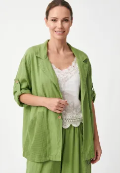 Sacou de vara din in si vascoza cu insertie de plasa, pentru marimi mari, verde olive imagine