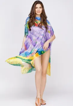 Set rochie tip poncho din matase si geanta mare de vara, imagine cu campuri de lavanda imagine