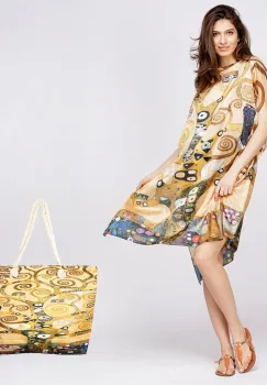Set rochie tip poncho din matase si geanta mare de vara, reproducere dupa    Pomul Vietii    - Gustav Klimt imagine