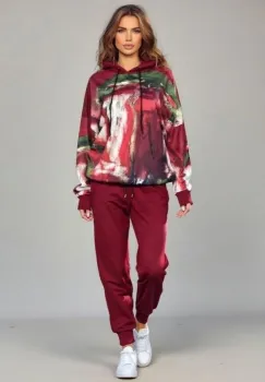 Trening dama din catifea cu hanorac imprimat si pantaloni jogger ,   bordo imagine