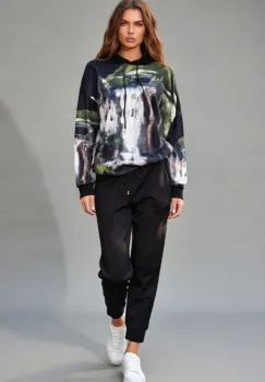 Trening dama din catifea cu hanorac imprimat si pantaloni jogger ,   gri imagine