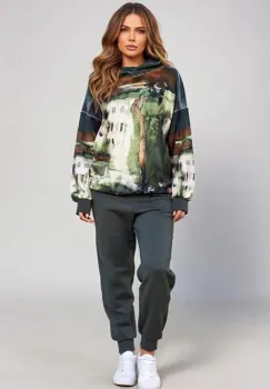 Trening dama din catifea cu hanorac imprimat si pantaloni jogger ,   kaki imagine