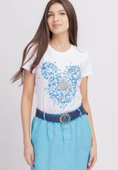 Tricou alb din bumbac cu imprimeu turcoaz-argintiu Micky stilizat si inima imagine