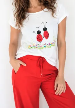 Tricou din bumbac alb, pictat manual, cu buburuze indragostite imagine