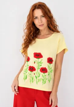 Tricou din bumbac galben, pictat manual, cu maci imagine