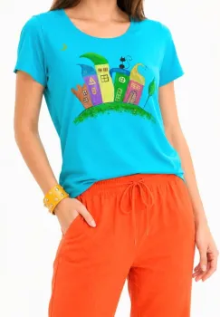 Tricou din bumbac turcoaz  pictat manual, cu pisicuta si blocuri colorate,unicat imagine