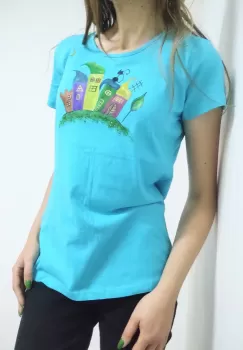 Tricou turcoaz pictat manual ,cu blocuri colorate si pisicuta imagine