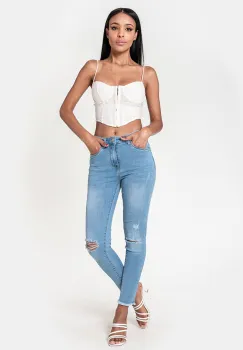 Blugi slim dama cu detalii rupte, Albastru deschis P501-6 M10 imagine