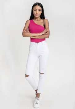 Blugi slim dama cu detalii rupte, Albi P501-10 M10 imagine