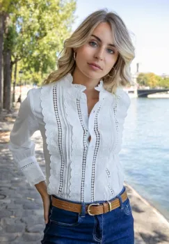 Camasa alba din bumbac cu broderie ASD37667 imagine