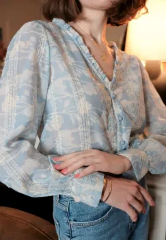 Camasa albastra cu print floral si detalii brodate, 4819T M9 imagine