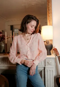 Camasa roz cu print floral si detalii brodate, 4819T imagine