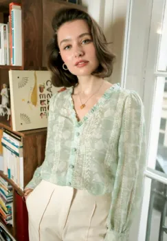 Camasa verde cu print floral si detalii brodate, 4819T M9 imagine