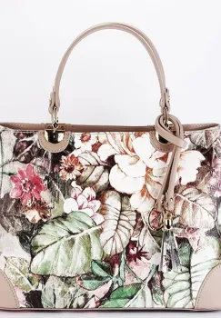 Geanta taupe cu imprimeu floral din piele naturala 1330 M9 imagine