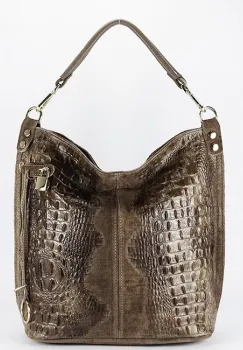 Geanta taupe din piele naturala cu imprimeu reptila 1915 M9 imagine