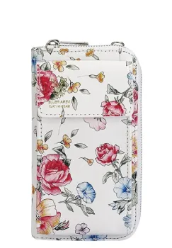 Portofel si port telefon din piele naturala 8971 07 Alb cu imprimeu floral imagine
