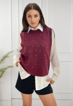 Pulover bordo fara maneci cu strasuri A-9015 M9 imagine