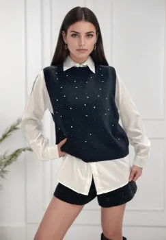 Pulover negru fara maneci cu strasuri A-9015 M9 imagine