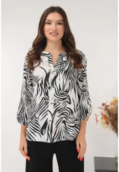 Bluza alba tip camasa cu print abstract negru imagine