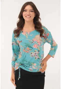 Bluza aqua cu print floral si cu siret lateral imagine