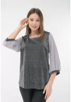 Bluza argintie cu model multicolor texturat si maneci din voal imagine