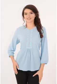 Bluza bleu cu broderie alba din bumbac imagine