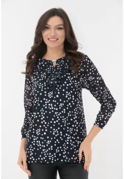 Bluza bleumarin cu buline albe texturate si volanase la decolteu imagine