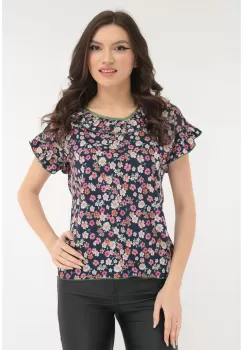 Bluza bleumarin cu flori si volanas la decolteu imagine