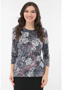 Bluza bleumarin cu imprimeu floral alb-roz imagine