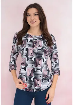 Bluza bleumarin cu imprimeu geometric roz-alb imagine