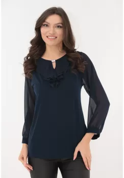 Bluza bleumarin cu volanas dublu la decolteu imagine