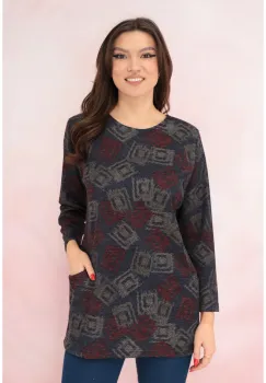 Bluza bleumarin din jerse cu print abstract gri si buzunare imagine