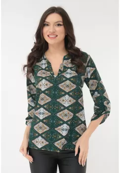 Bluza cu guler tunica si imprimeu geometric verde-alb imagine