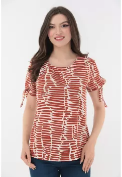 Bluza cu print abstract caramiziu si fundite la maneci imagine