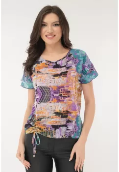 Bluza cu print abstract mov si cu siret lateral imagine