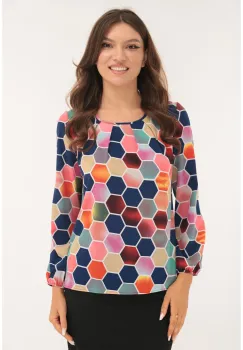 Bluza cu print geometric multicolor si cu pliuri la decolteu imagine