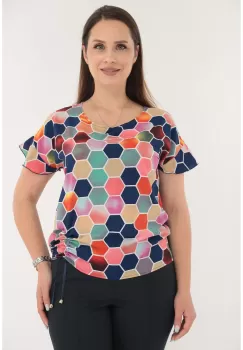 Bluza cu print geometric multicolor si cu siret lateral imagine
