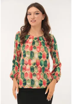 Bluza cu print geometric verde-corai si cu pliuri la decolteu imagine
