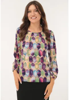 Bluza cu print geometric verde-mov si cu pliuri la decolteu imagine