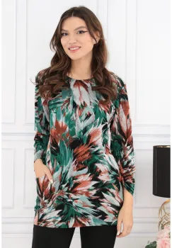 Bluza din jerse cu print floral caramiziu-turcoaz si buzunare imagine