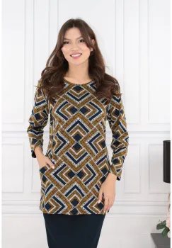 Bluza din jerse cu print geometric bleumarin-mustar si buzunare imagine