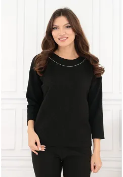 Bluza din jerse negru texturat cu margelute argintii imagine
